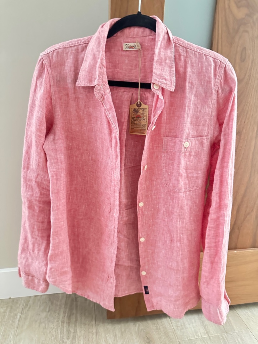 Faherty Linen  Nantucket Oversized Button Front Long Sleeve Top Red Size Small